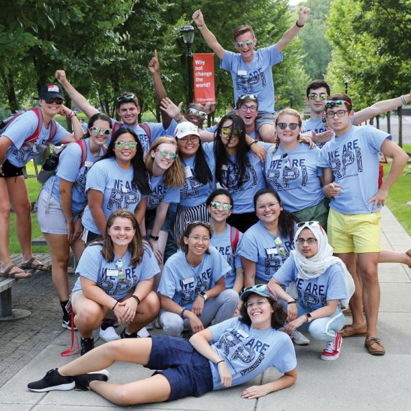 Big group of freshman all wearing blue t-shirts with the words "We are RPI"
